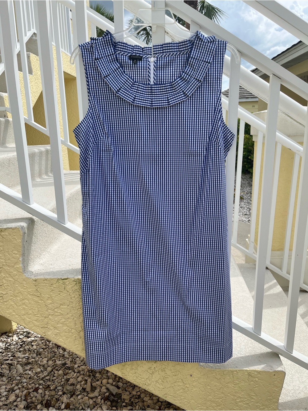Talbots Gingham Navy & White Sleeveless Shift Dress w/ Box Pleat Neckline